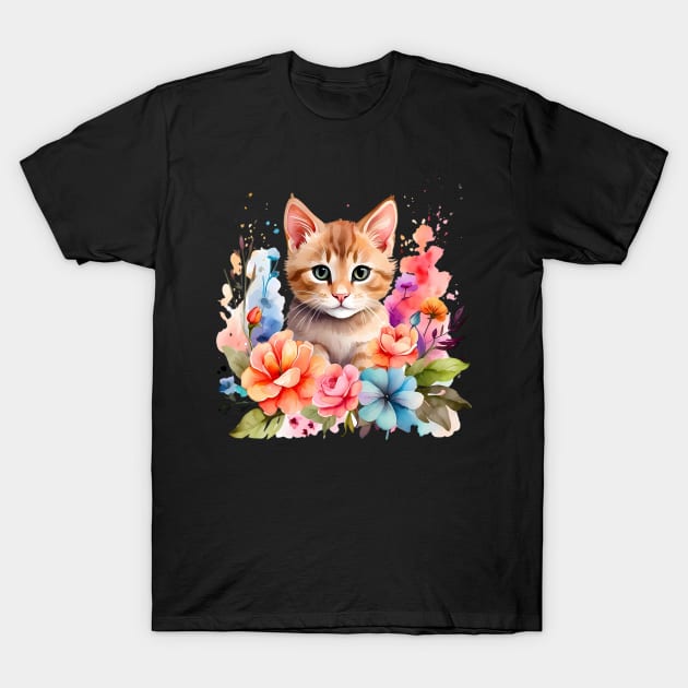 A cat decorated with beautiful watercolor flowers T-Shirt by CreativeSparkzz